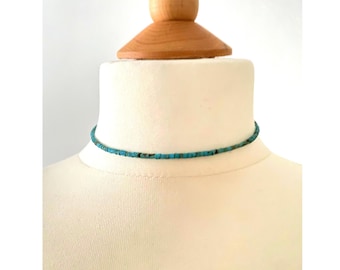 Turquoise choker necklace with extension chain - fine natural 2 mm turquoise beads - gold plated sterling silver clasp - gift idea