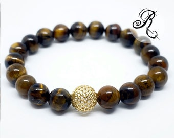 Tiger Eye Gemstone Bracelet with Knitted Ball made of 925 gold plated Silver Wire - elastic Bracelet - gift idea for knitters