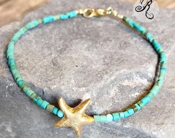 Delicate turquoise Gold Bracelet - "Dreaming of the Sea" - Sterling Silver Starfish - Dainty Gemstone Bracelet