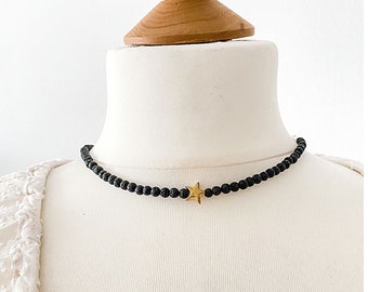 Lava necklace with star - gold plated sterling silver clasp and star - custom length - gift idea - handmade