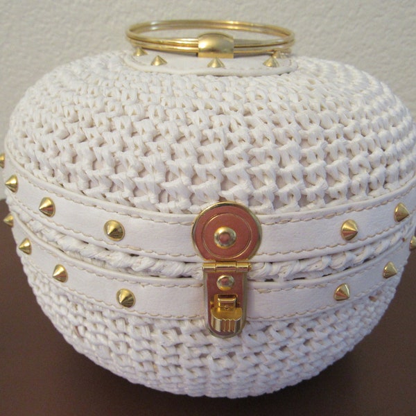 Vintage Ivory Colored Handwoven Rattan Straw Bag Purse Leather Trim & Gold Tone