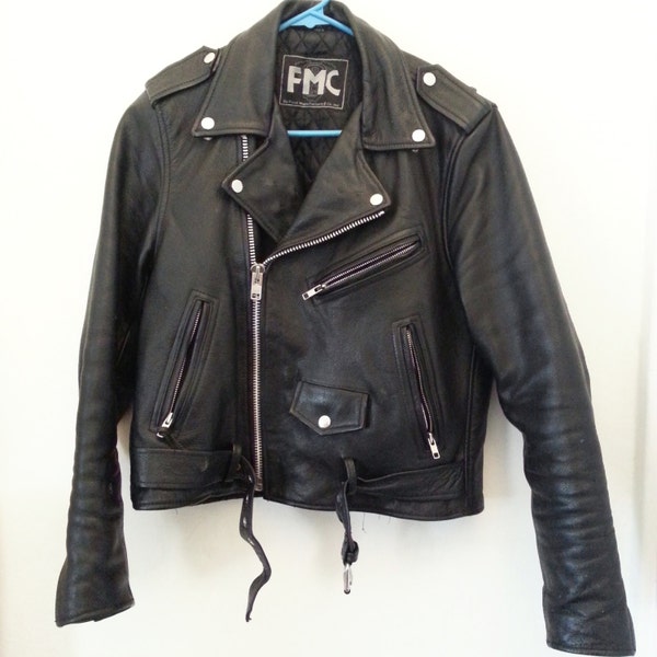 Unisex FMC Black Leather Cropped Motorcycle Jacket Size S/M