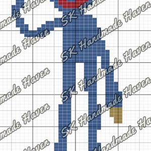May include: A pixelated blue character with a red mouth, black eyes, and tan feet and hands. The character is holding a tan object. The image is a cross-stitch pattern, with the text "SK Handmade Haven" in the background.