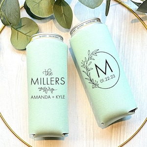 Slim 12oz Custom Wedding Can Coolers, Custom Floral Wreath Monogrammed Can Coolers, Personalized Drink Holder, Rehearsal Favor WED-032
