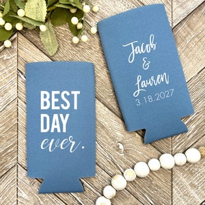 Slim 12oz Custom Wedding Can Coolers, Custom Best Day Ever Can Coolers, Personalized Drink Holders, Custom Wedding Gift KWE-100