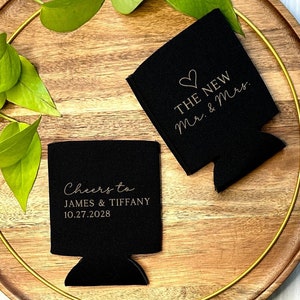 Custom Wedding Can Coolers, Cheers To Mr. And Mrs., Wedding Reception Favor, Wedding Party Gift, Beverage Insulator, Drink Huggies WED-053