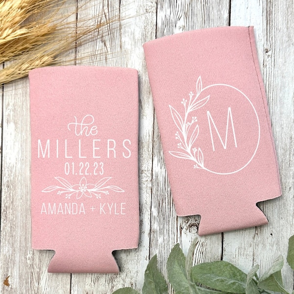 Slim 12oz Custom Wedding Can Coolers, Custom Floral Wreath Monogrammed Can Coolers, Personalized Drink Holder, Rehearsal Favor CED-53