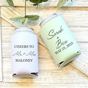 Custom Wedding Can Coolers, Cheers To Mr. And Mrs., Wedding Reception Favor, Wedding Party Gift, Beverage Insulator, Drink Huggies WED-024