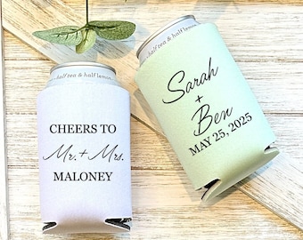 Custom Wedding Can Coolers, Cheers To Mr. And Mrs., Wedding Reception Favor, Wedding Party Gift, Beverage Insulator, Drink Huggies WED-024