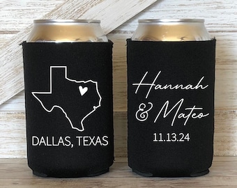 NEOPRENE Custom Wedding Can Coolers, Personalized State Silhouette Drink Huggies, Wedding Party Favors, Texas Coolers CED-20