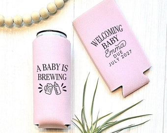 Slim 12oz Custom Baby Shower Can Coolers, A Baby Is Brewing Drink Huggie, Custom Baby Shower Favor, Personalize Baby Shower Gift BABY-004