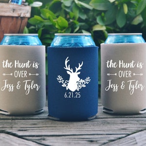 Custom Wedding Can Coolers, The Hunt is Over, Antler Custom Wedding Beer Holder, Wedding Reception Favor, Wedding Party Favors SEC-38