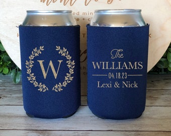 NEOPRENE Wedding Custom Floral Wreath Wedding Favor Can Coolers, Monogrammed Can Coolers, Wedding Reception, Wedding Party Favors CED-54