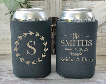 Custom Wedding Can Coolers, Personalized Floral Wreath Wedding Favor Can Cooler, Monogrammed Can Holder, Wedding Reception Favor CED-41