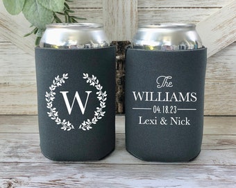 Custom Wedding Can Coolers, Personalized Floral Wreath Wedding Favor Can Cooler, Monogrammed Can Holder, Wedding Reception Favor CED-54