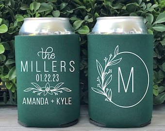 Custom Wedding Can Coolers, Personalized Floral Wreath Wedding Favor Can Cooler, Monogrammed Can Holder, Wedding Reception Favor CED-53