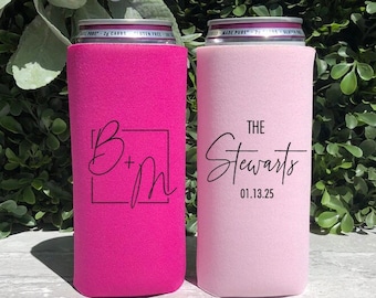 Slim 12oz Custom Wedding Can Coolers, Personalized Can Coolers, Monogrammed Can Holders, Custom Wedding Favors CED-74