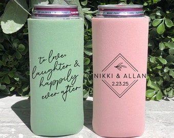 Slim 12oz Custom Wedding Can Coolers, Custom Love Laughter Happily Ever After, Personalized Drink Huggies, Wedding Favors CED-72