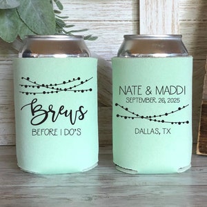 Custom Wedding Can Coolers, Brews Before I Dos Can Coolers, Rustic Wedding Can Holders, Wedding Reception, Wedding Party Favors SEC-57