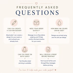 a series of frequently asked questions about custom design, ink colors, and printing options. It appears to be a visual guide or informational piece, likely intended to assist customers in making informed decisions about their design needs and preferences.
