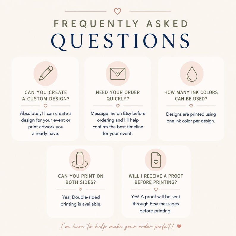 a series of frequently asked questions about custom design, ink colors, and printing options. It appears to be a visual guide or informational piece, likely intended to assist customers in making informed decisions about their design needs and preferences.