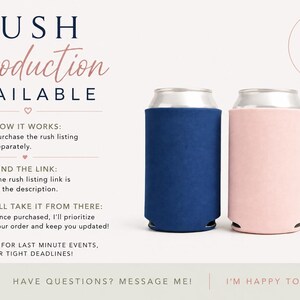The image is an advertisement for a product called "RUSH Production Available". It features two cans of the product, one blue and one pink, placed side by side. The ad provides information about the product, including how it works, the link to purchase the product, and instructions on how to take it from there. The ad also mentions that the product is perfect for last minute events, gifts, or tight deadlines, and encourages viewers to have questions and message the advertiser.