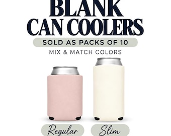 May include: Wholesale blank can coolers sold as packs of 10 with mix and match colors. Includes a pink regular can cooler for standard 12 oz cans and a white slim can cooler for slim 12 oz cans. Text reads Wholesale Blank Can Coolers.