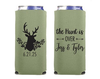 Slim 12oz Custom Wedding Can Coolers, The Hunt is Over Drink Huggies, Personalized Can Holders, Wedding Party Gift SEC-38