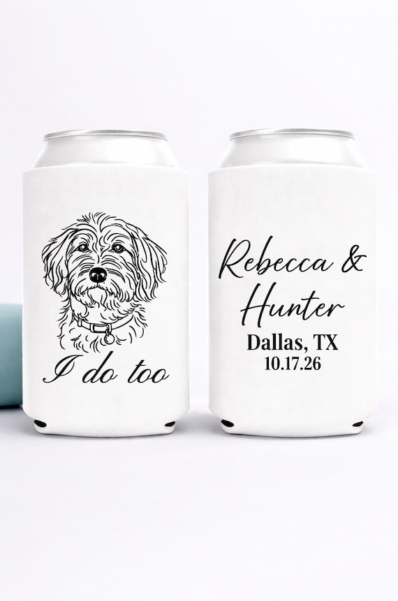 Custom Pet Portrait - Slim and Regular Can Coolers, Custom Pet Drawing Favor, Wedding Dog Can Coolers