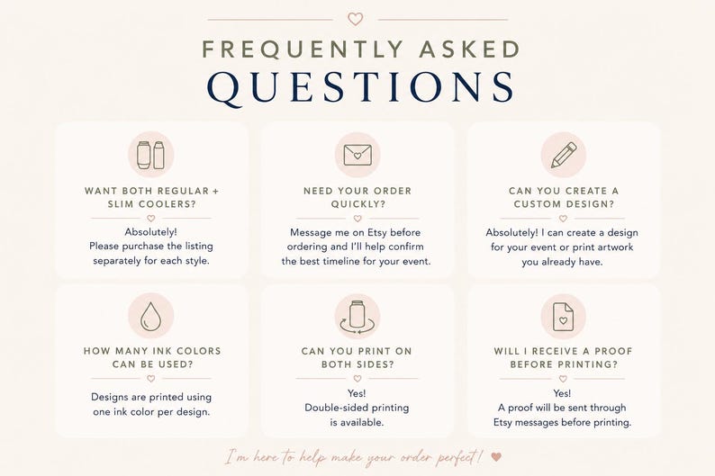 a series of frequently asked questions about custom design and ink colors, along with their corresponding answers. The questions cover topics such as whether to purchase a design separately for each style, whether to create a custom design, the number of ink colors that can be printed on both sides, and whether to receive a proof before printing. The image is designed to provide clear and concise information to help customers make informed decisions about their design needs.