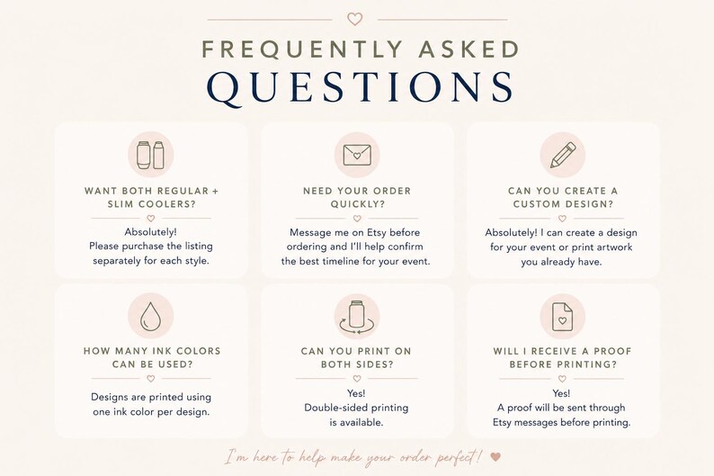 a series of frequently asked questions about custom design and ink colors, along with their corresponding answers. The questions cover topics such as whether to purchase a design separately for each style, whether to create a custom design, the number of ink colors that can be printed on both sides, and whether to receive a proof before printing. The image is designed to provide clear and concise information to help customers make informed decisions about their design needs.