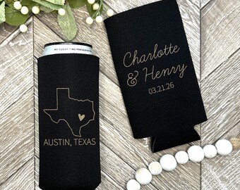Slim 12oz Custom Wedding Can Cooler, Personalized State Silhouette Drink Huggies, Personalized Wedding Gift, Reception Gift WED-009
