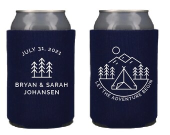 Custom Wedding Can Cooler, Let the Adventure Begin, Personalized Can Holders, Outdoor Wedding Favor, Wedding Drink Bar KWE-111