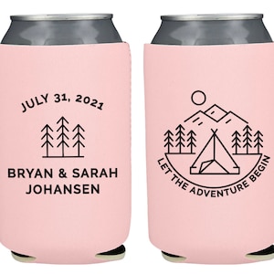 NEOPRENE Custom Wedding Can Coolers, Let the Adventure Begin Personalized Drink Huggies, Wedding Party Favors, Can Holders KWE-111