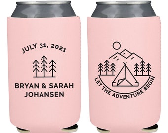 NEOPRENE Custom Wedding Can Coolers, Let the Adventure Begin Personalized Drink Huggies, Wedding Party Favors, Can Holders KWE-111