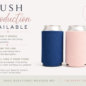 The image is an advertisement for a product called "RUSH Production Available". It features two cans of the product, one blue and one pink, placed side by side. The ad provides information about the product, including how it works, the link to purchase the product, and instructions on how to take it from there. The ad also mentions that the product is perfect for last minute events, gifts, or tight deadlines, and encourages viewers to have questions and message the advertiser.
