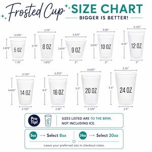 The image is a size chart for frosted cups, providing measurements for different cup sizes and their corresponding capacities.
