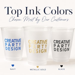 three different colored plastic cups, each with a unique design, and the text above them reads "Top Ink Colors" and "Chosen Most by Our Customers".
