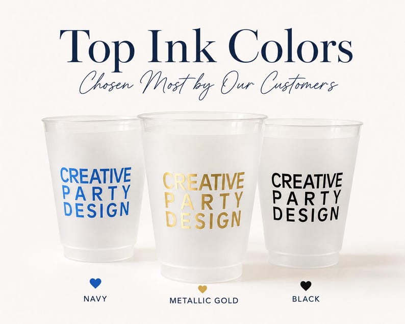 three different colored plastic cups, each with a unique design, and the text above them reads "Top Ink Colors" and "Chosen Most by Our Customers".