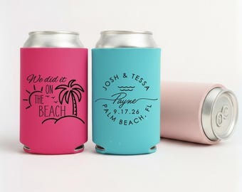 Personalized Wedding Can Coolers – Custom Slim & Regular Sizes – Beach Themed Wedding Favors for Guests, Bridal Party, or Reception Drinks