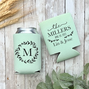 Custom Wedding Can Coolers, Personalized Floral Wreath Wedding Favor Can Cooler, Monogrammed Can Holder, Wedding Reception Favor KWE-21