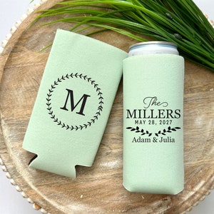 Slim 12oz Custom Wedding Can Coolers, Custom Floral Wreath Monogrammed Can Coolers, Personalized Drink Holder, Custom Drink Bar WED-019
