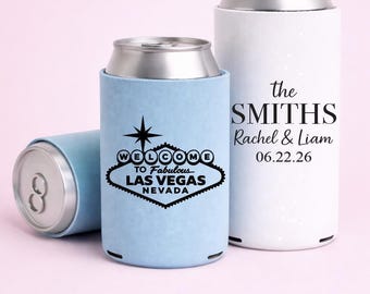 Slim & Regular Custom Wedding Can Coolers, Personalized Cozies, Vegas Wedding
