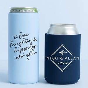 Custom Wedding Can Coolers | Slim & Regular Can Cooler Sleeves | Personalized Wedding Guest Party Favors | Bride and Groom Wedding Keepsake