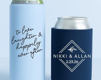 Custom Wedding Can Coolers | Slim & Regular Can Cooler Sleeves | Personalized Wedding Guest Party Favors | Bride and Groom Wedding Keepsake