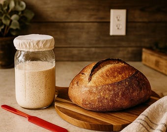 May include: A rustic kitchen scene featuring a sourdough starter in a glass jar with a cloth cover, a freshly baked loaf of bread on a wooden cutting board, and a red spatula. A linen towel with gray stripes adds a touch of elegance.