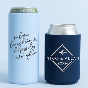 Custom Wedding Can Coolers | Slim & Regular Can Cooler Sleeves | Personalized Wedding Guest Party Favors | Bride and Groom Wedding Keepsake