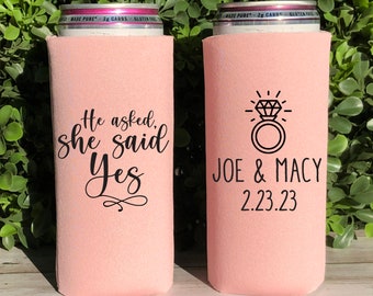 Slim 12oz Custom Engagement Party Can Coolers, He Asked She Said Yes Can Coolers, Personalized Drink Holder, Custom Drink Bar SEC-79