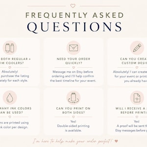 a series of frequently asked questions about custom design and ink colors, along with their corresponding answers. The questions cover topics such as whether to purchase a design separately for each style, whether to create a custom design, the number of ink colors that can be printed on both sides, and whether to receive a proof before printing. The image is designed to provide clear and concise information to help customers make informed decisions about their design needs.