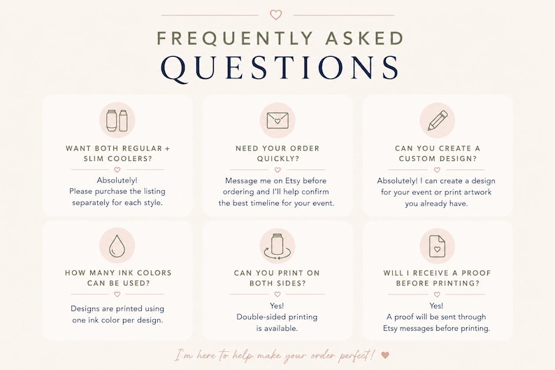 a series of frequently asked questions about custom design and ink colors, along with their corresponding answers. The questions cover topics such as whether to purchase a design separately for each style, whether to create a custom design, the number of ink colors that can be printed on both sides, and whether to receive a proof before printing. The image is designed to provide clear and concise information to help customers make informed decisions about their design needs.